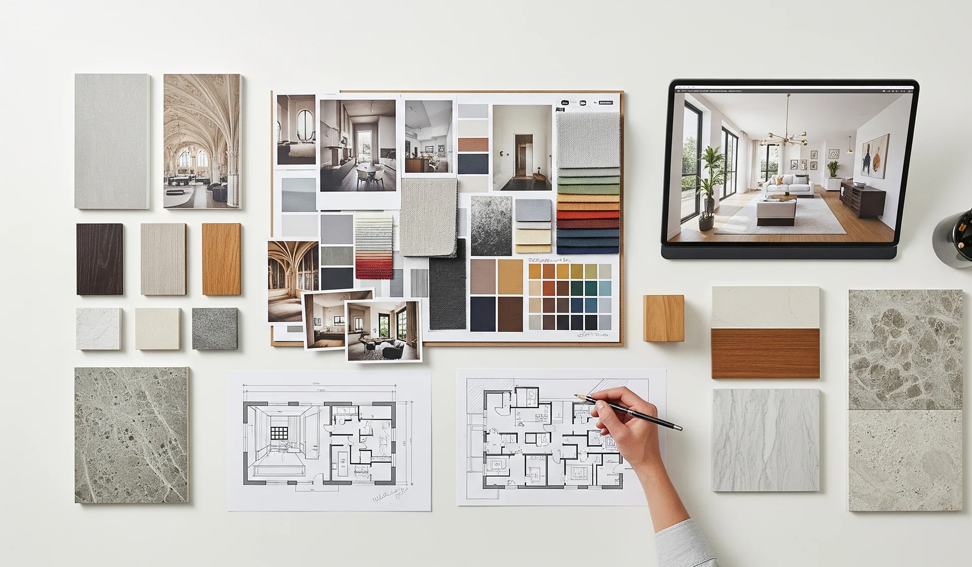 Flat lay of an interior design idea concept, and material samples for a new project